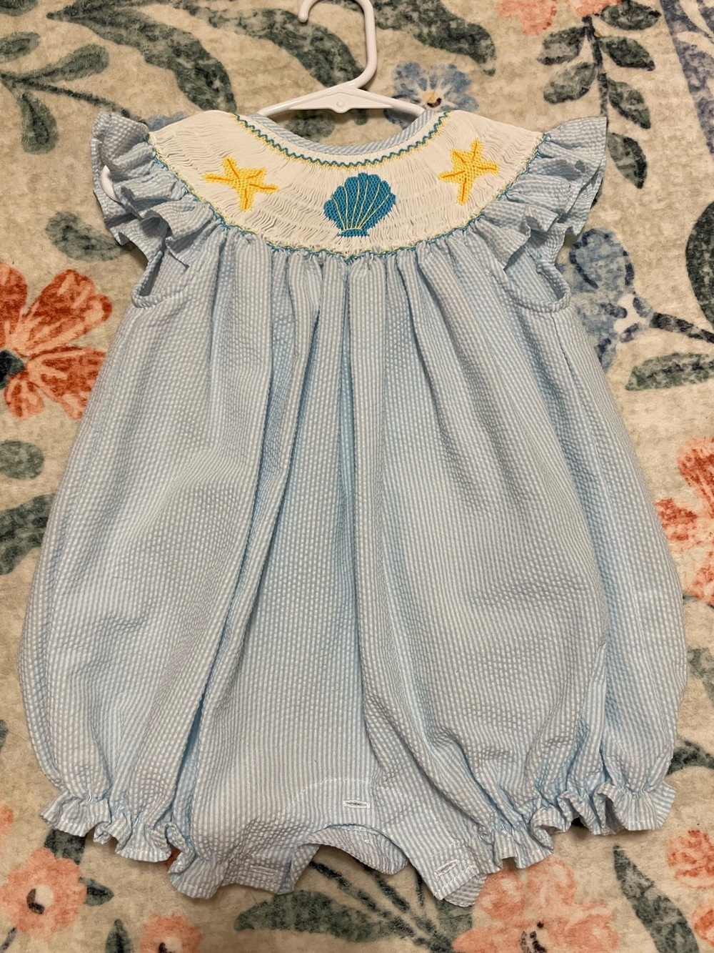 Blue Seersucker Smocked SeaShell Bubble Outfit